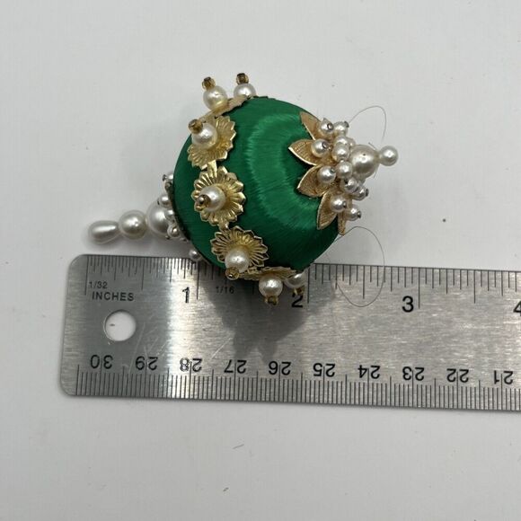 Vintage Handmade Jeweled Beaded Push Pin Green/Gold Pearl Christmas Ornament 3” - Picture 8 of 8